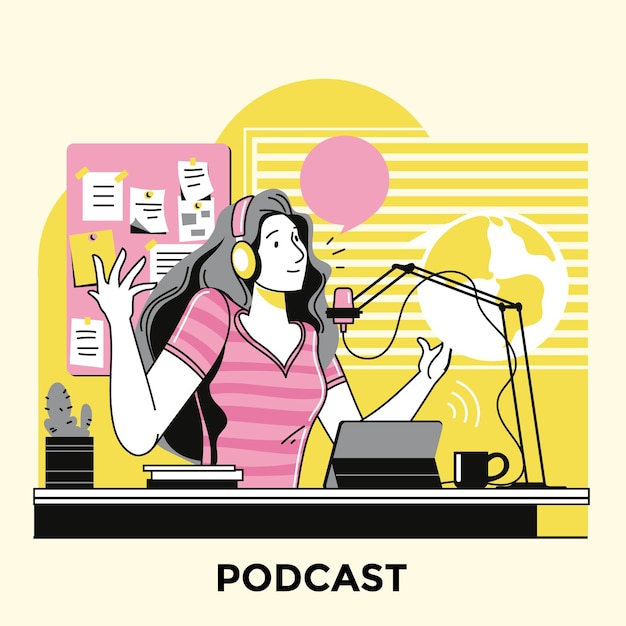 Donna che fa un podcast illustrato