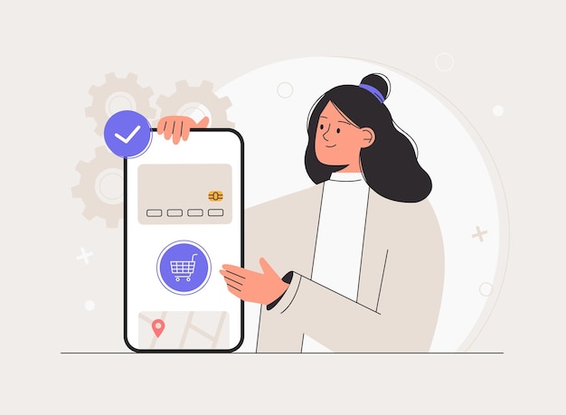 ベクトル スマートフォンのアプリケーションを使用してオンラインで購入または購入する女性