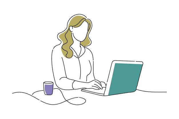 コンピューターで研究をしている女性連続ラインアートベクトルイラスト