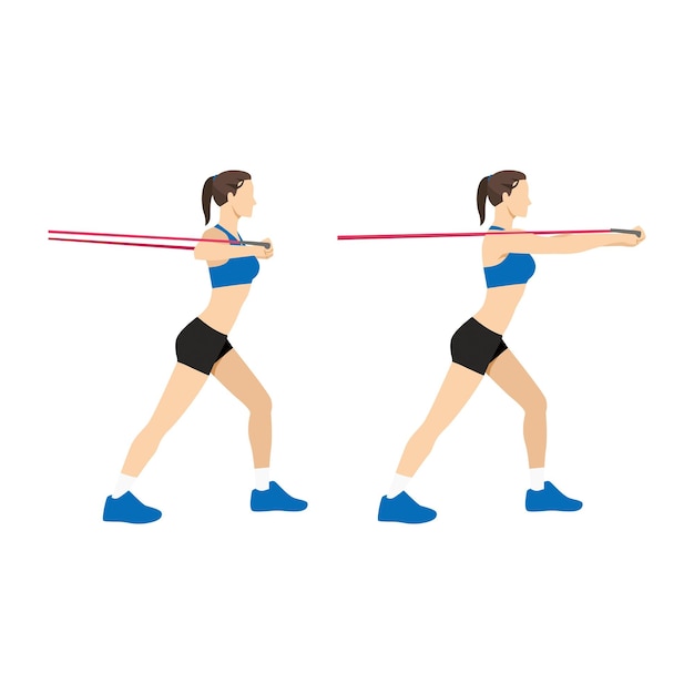 Woman doing Resistance band chest press exercise Flat vector illustration isolated