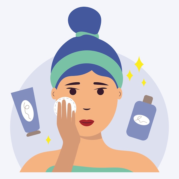 Woman Doing Skincare Routine Procedures Vector Illustration In Flat Style