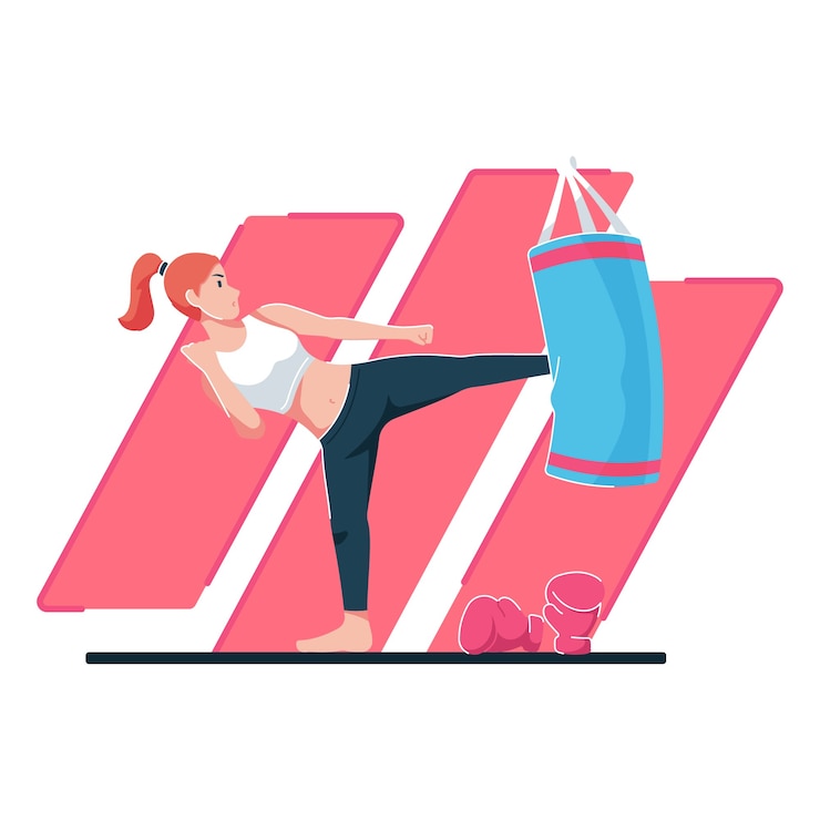 Vector woman doing sports. workout with a punching bag 