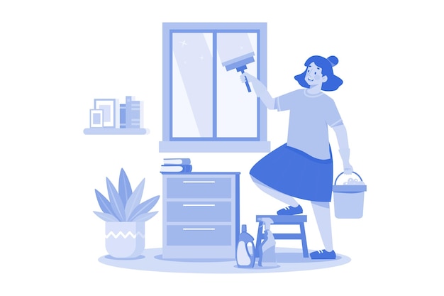 Вектор Женщина чистит окна с помощью чистящего оборудования