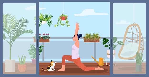 Una donna che fa yoga sul balcone dell'appartamento decorato con piante verdi illustrazione vettoriale