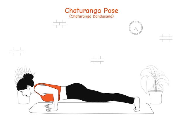 Donna che fa yoga asana chaturanga o chaturanga dandasana