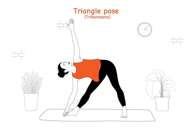 Donna che fa yoga asana triangolo posa o trikonasana in stile piatto disegnato a mano