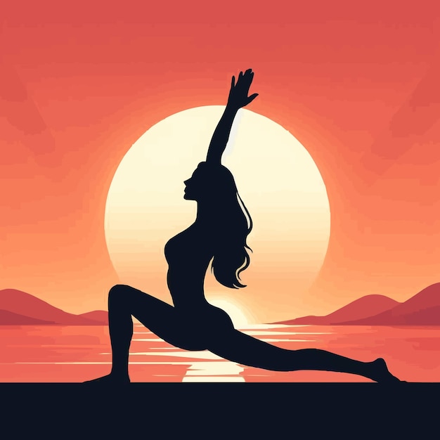 Vector a woman doing yoga on a beach with the sun behind her