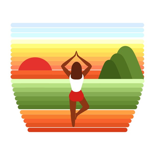 Vector woman doing yoga exercise at the sunset holidays vector illustration