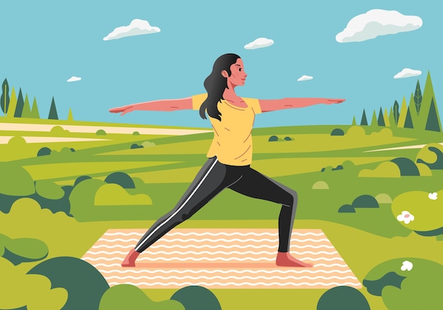 Vector a woman doing yoga exercises at outdoor using yoga matt and beautiful landscape