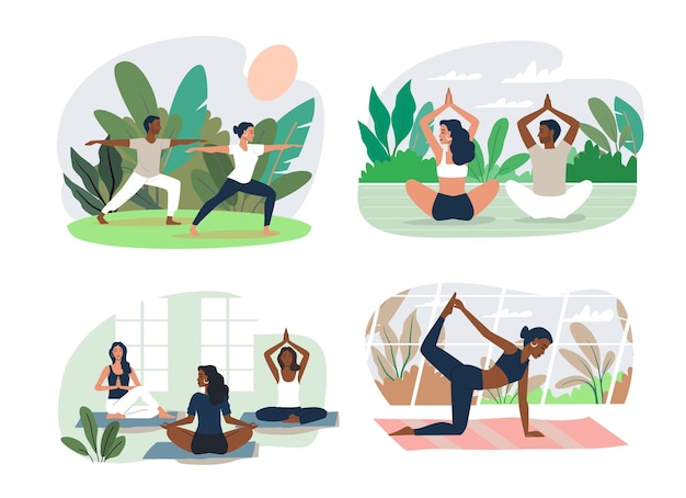 Woman doing yoga exercises and practicing meditation Female character