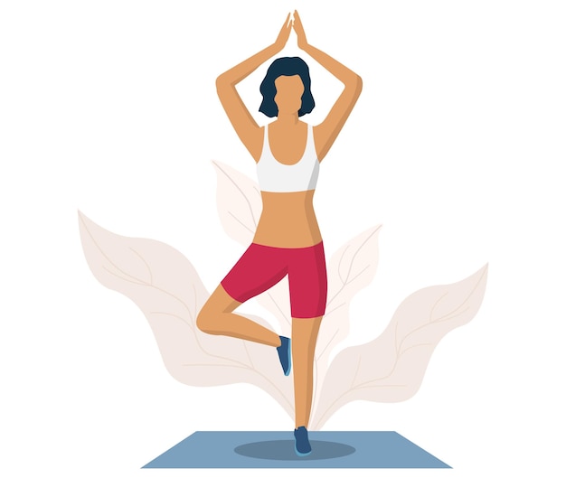 Donna che fa esercizio di yoga, illustrazione vettoriale piatta. posa di yoga dell'albero o vrksasana. palestra fitness, stile di vita sano.