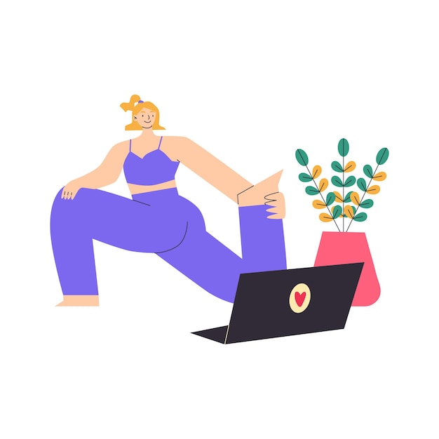 Vector a woman doing yoga in front of a laptop