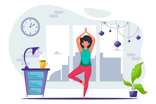 Vector woman doing yoga at home. concept illustration for healthy lifestyle, yoga, meditation.  in a flat style