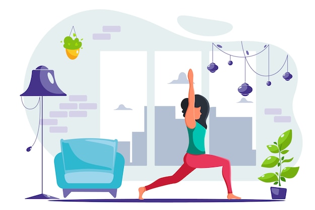 Vector woman doing yoga at home in modern interior.  in a flat style