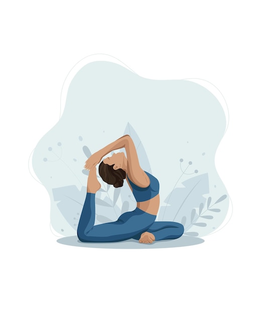 Vector woman doing yoga at home or studio flat vector illustration