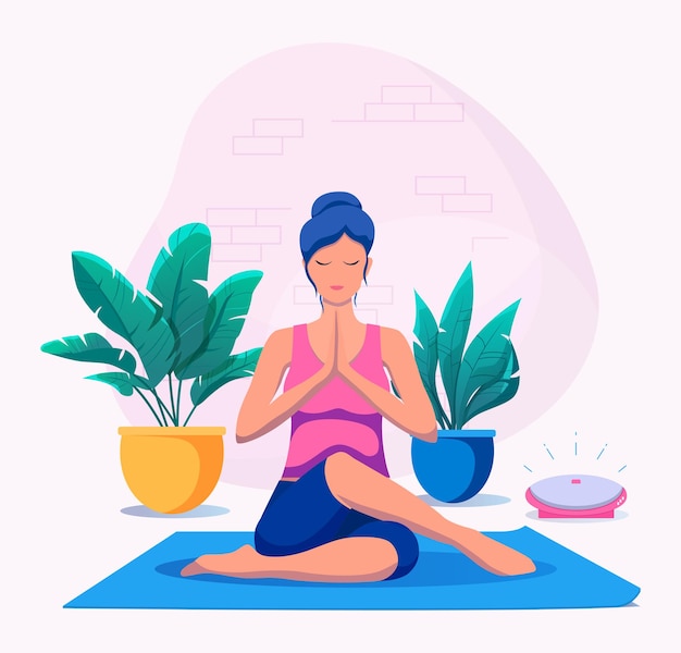 Vector woman doing yoga at home vector illustration. healthy lifestyle.