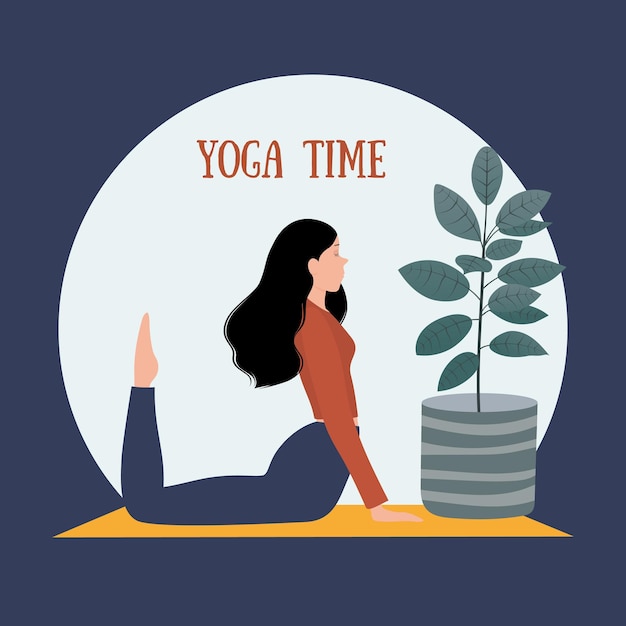 A woman doing yoga on a mat with a plant in the background.