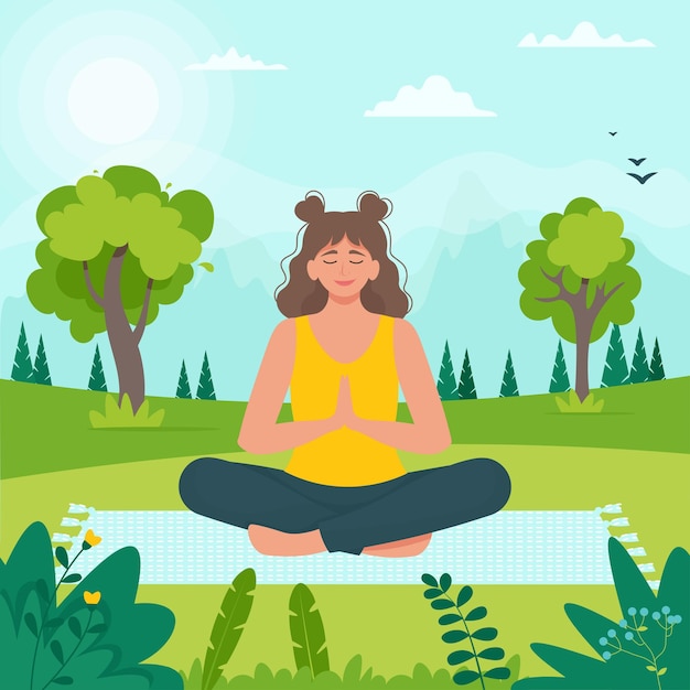 Woman doing yoga in the Park Relaxing healthy fitness concept Summer activity Vector illustration