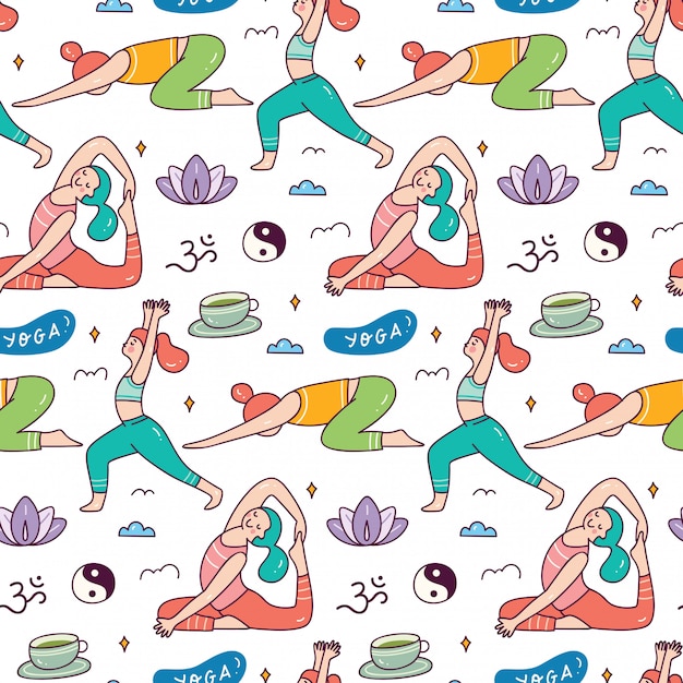 Woman doing yoga pose seamless pattern