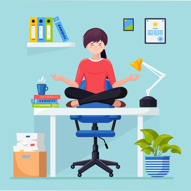 Vector woman doing yoga at workplace in office. worker sitting in padmasana lotus pose on desk, meditating, relaxing, calm down and manage stress.