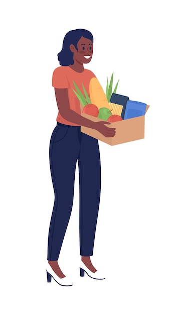 Woman donating food semi flat color vector character