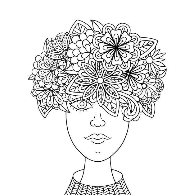 Woman in doodle style for coloring book