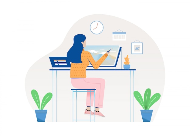 Vector woman drawing on the tablet, woman working in her house. flat illustration.