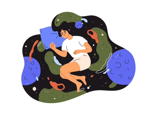 우주에서 떠다니는 여성 꿈, 잠자는 꿈, 우주에서 베개 위에서 휴식을 취하는 잠자는 사람, 건강한 밤의 휴식 개념,  바탕에 고립된 평평한 그래픽 터 일러스트