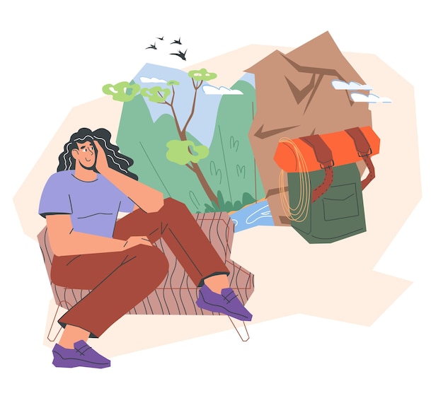 Woman dreams about outdoor recreation or rock climbing trip flat vector isolated
