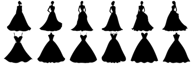 여자 드레스 패션 실루엣은 벡터 실루엣 디자인의 큰 팩을 격리된 흰색 배경으로 설정했습니다.