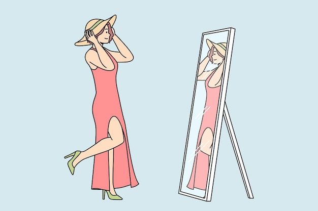 Woman in dress shoes tries on hat in front of mirror