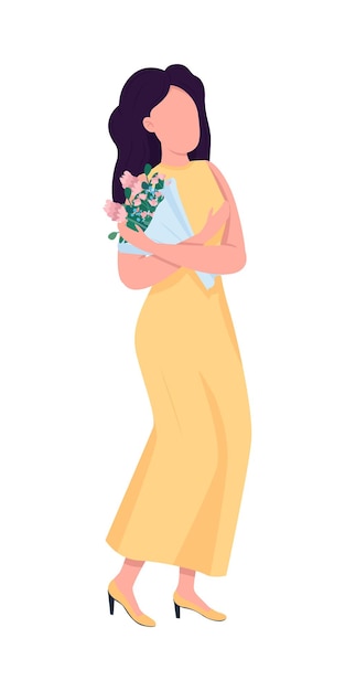 Woman in dress with bouquet semi flat color vector character. Dynamic figure. Full body person on white. Date isolated modern cartoon style illustration for graphic design and animation