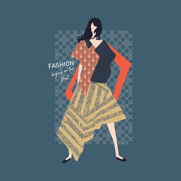 A woman in a dress with the word fashion on it.