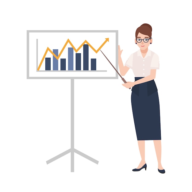 Woman dressed in business clothes holding pointer and standing beside whiteboard with bar chart