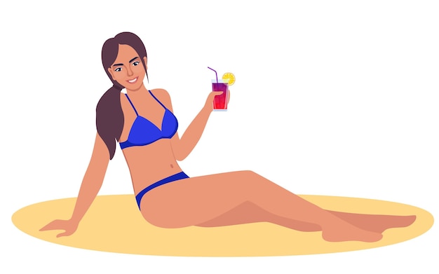 Vector woman dressed in swimsuit sunbathing on the beach with cocktail in her hand and smiling