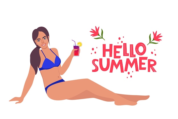 woman dressed in swimsuit sunbathing on the beach with cocktail in her hand and smiling