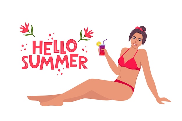 woman dressed in swimsuit sunbathing on the beach with cocktail in her hand and smiling