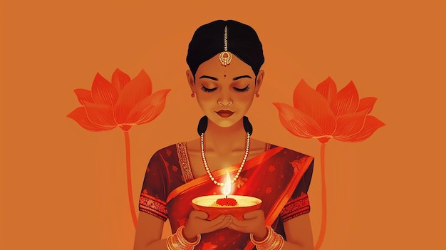 Vector a woman dressed in traditional indian attire is holding diya