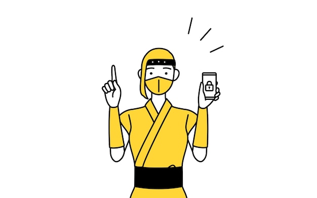 Una donna vestita da ninja prende misure di sicurezza per il suo telefono