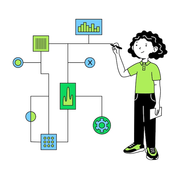 La donna ha disegnato il diagramma a blocchi del progetto