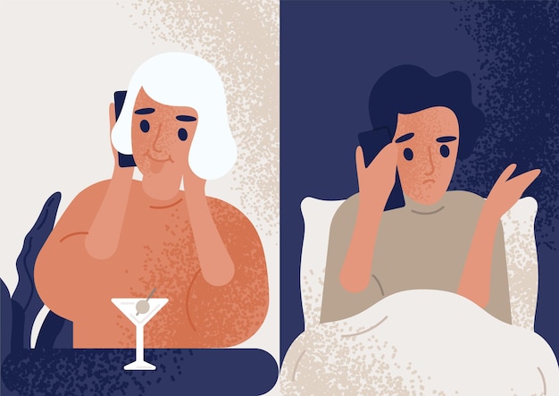 Woman drinking cocktail at bar and talking on mobile phone to man sitting in bed. Couple communicating through smartphone. Boyfriend worrying about his girlfriend. Flat colored vector illustration.