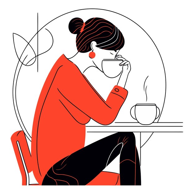 Woman drinking coffee at the cafe in flat style