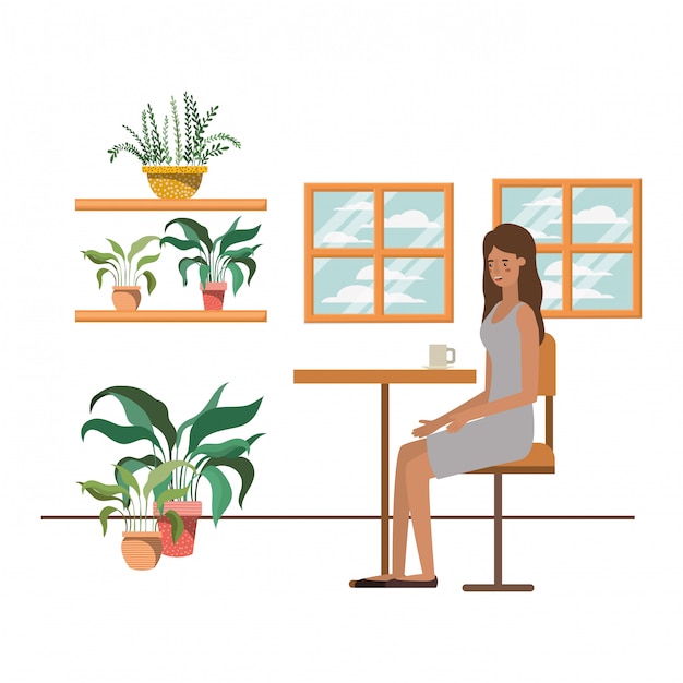 Vector woman drinking coffee in the living room