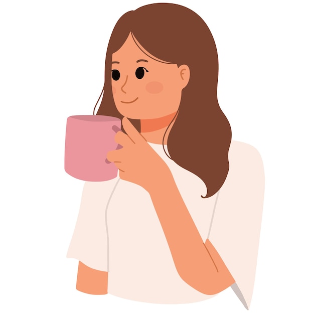 ピンクのマグカップのイラストからコーヒーやミルクやお茶を飲む女性