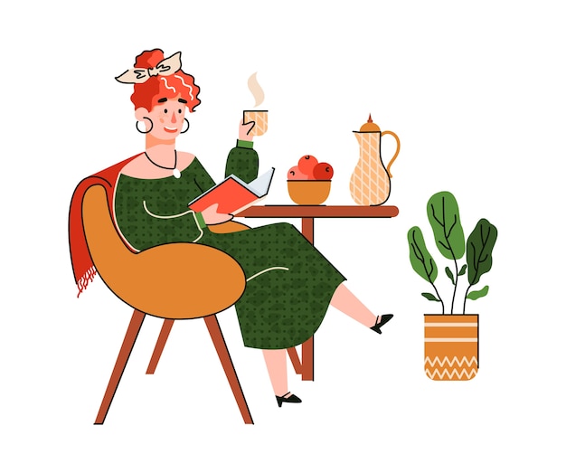 Vector woman drinking coffee and reading a book