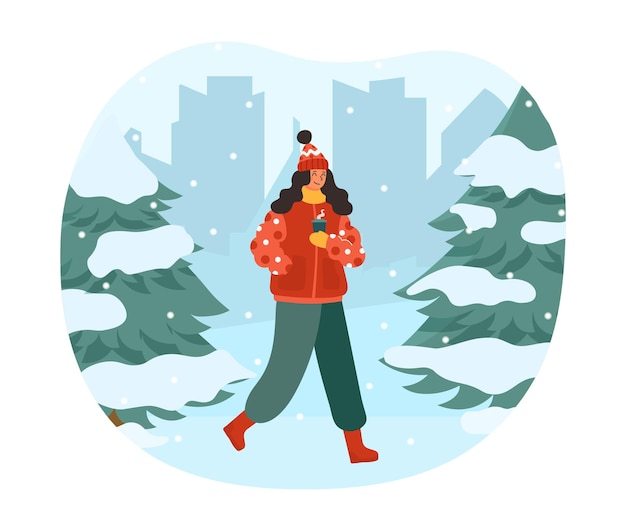 Woman drinking coffee in winter. Warming drink, young girl with mug walks through park during snowfall. Warm clothes and New Years holidays. Nature and fresh air. Cartoon flat vector illustration