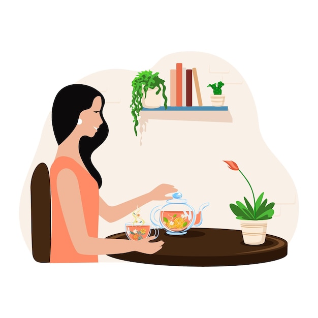 Vector woman drinking herbal tea