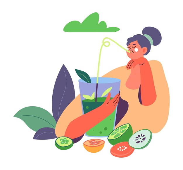 Vector woman drinking smoothie cocktail from veggies