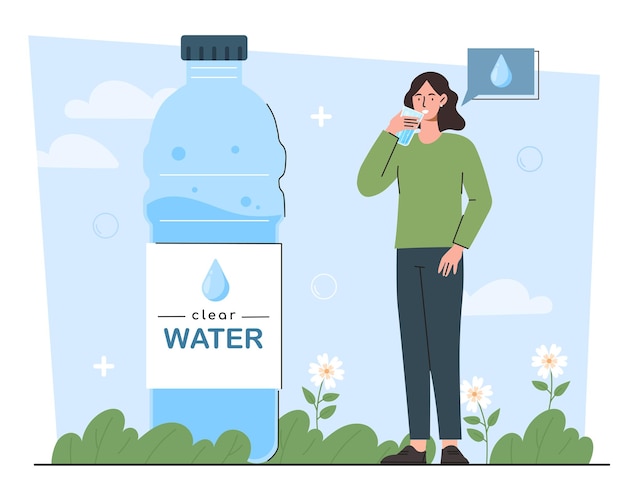 Woman drinking water concept Young girl with glass near large plastic bottle Purity and freshness Active lifestyle and health care Fight against thirst Cartoon flat vector illustration