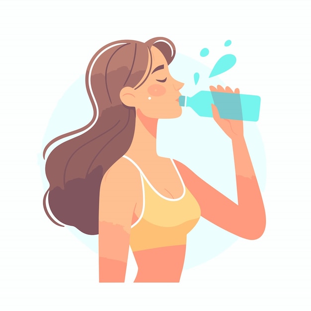 A woman drinking water stay hydrated flat simple vector illustrations on white background